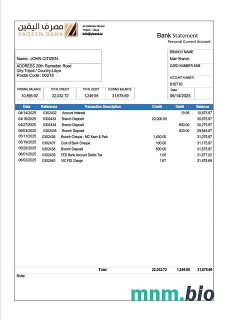 Szablon wyciągu bankowego Libia Sahara W programie Word i PDF